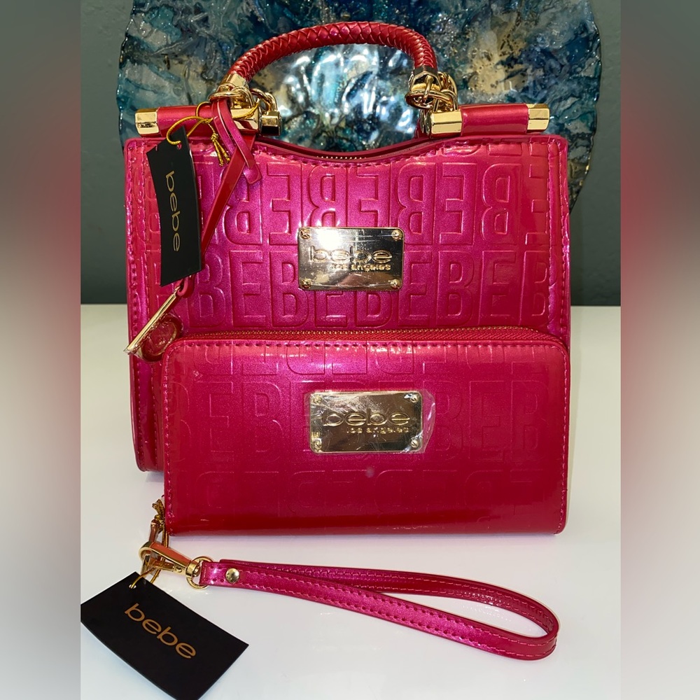 Bebe Irridescent Dark Pink Monogram Purse W/ Matching Wallet & Crossbody Strap